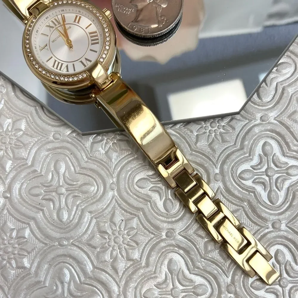 Michael Kors Mini Laney Crystal Accented Bezel Gold-Tone Bangle Watch